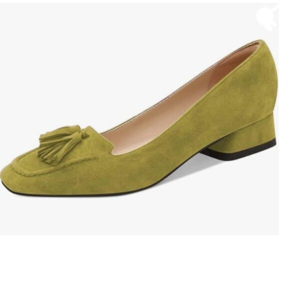 YDN Olive Block Low Heel Loafers Square Toe Tassel Fringed Pump Slip On Shoe